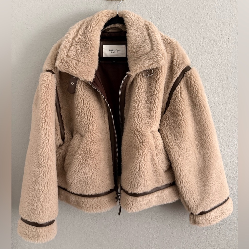 American Eagle Outfitters Beige Teddy Sherpa Jacket with Brown Trim